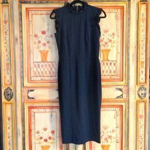 Maggy London Navy Ruffle Neck and Armhole Sheath Dress; Size 6, NWT